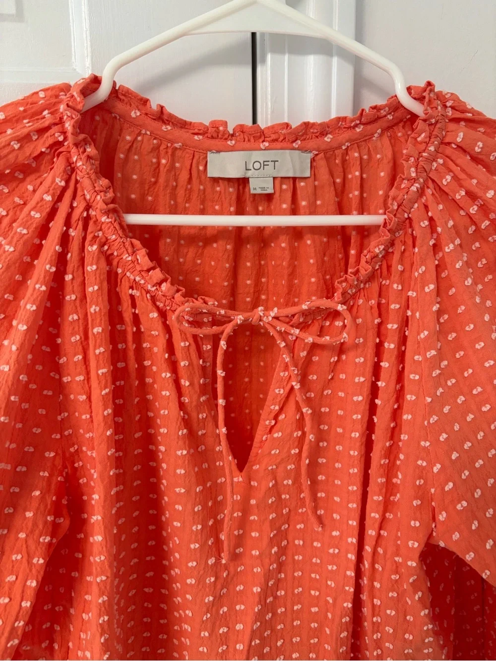 LOFT Coral Orange Textured Dot 3/4 Sleeve Blouse